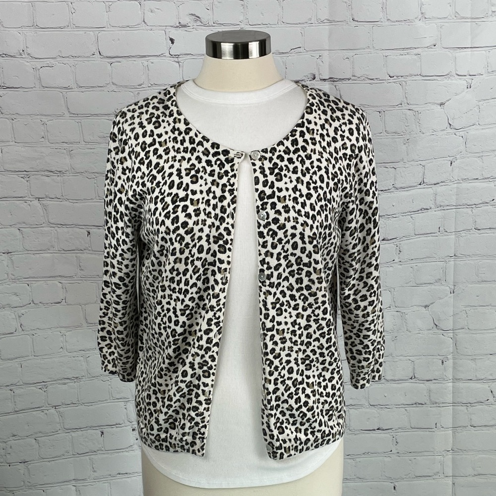 Christopher & Banks Leopard Print Cardigan Sweater Button Up 3/4 Sleeve Large